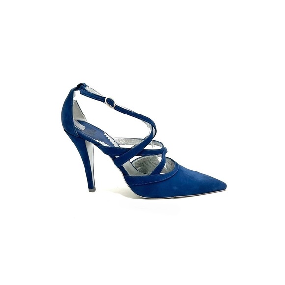 Vintage Y2K royal blue suede extreme pointed toe strappy stiletto heels - Picture 1 of 8